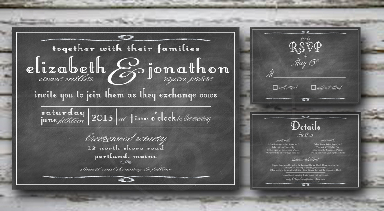 5x7 Chalkboard Style Wedding Invitation with response and details card. Printable and Customizable