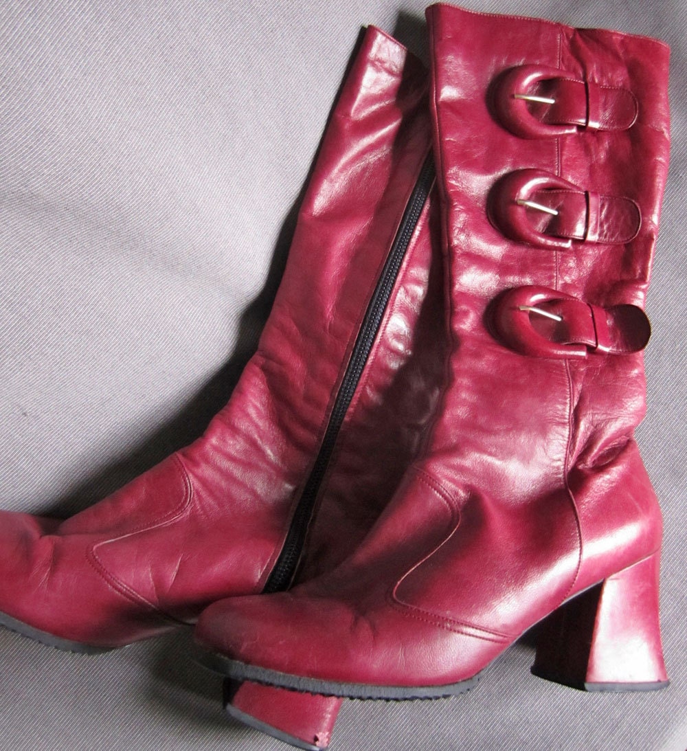 Vintage 70s Handmade Leather Boots from Spain, Plum Color