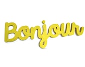 Bonjour wooden sign wall hanging - cheery yellow wall decor ready to hang - TheLettery