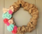 MOTHERS DAY beautiful burlap wreath spring summer gift home decor decoration front door flower mint green coral chevron