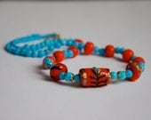 Turquoise and Red Bosphorus Scroll Necklace: hand strung recycled bead jewellery / jewelry, Fire and Ice collection