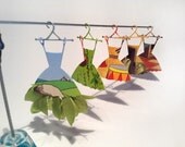 Colorful summer dresses, set of 6 die cuts, chipboard art postcards, multicolor comic cartoon, scrapbook embellishments, tags, atc supplies,