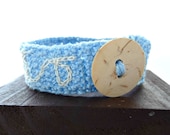 Blue Embroidered Bracelet Crochet Bracelet with Natural Wood Button - Spring Trends