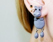 fake gauge plug two part hippopotamus, behemoth, river-horse Earrings, Polymer Clay Adorable Jewelry, Pet Polymerclay