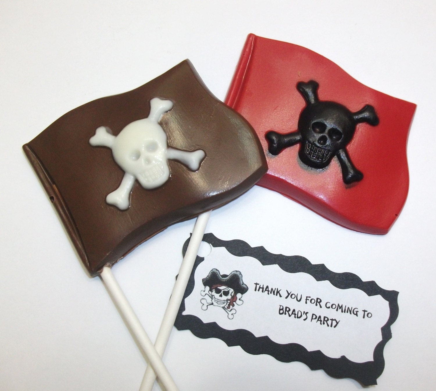 Pirate Flag theme Chocolate Suckers - 1 Dozen - White, Milk or Dark Chocolate available