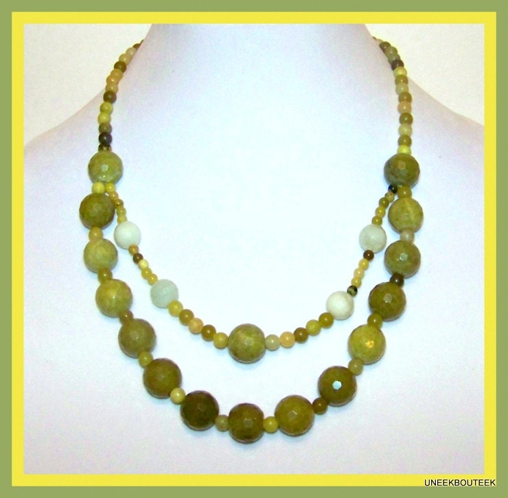 Lemon Lime Jade "LE CITRON" 2 Strand Necklace - Beadwork  - Faceted Green & White Jade - Bib Style Statement Necklace - 2013 Color
