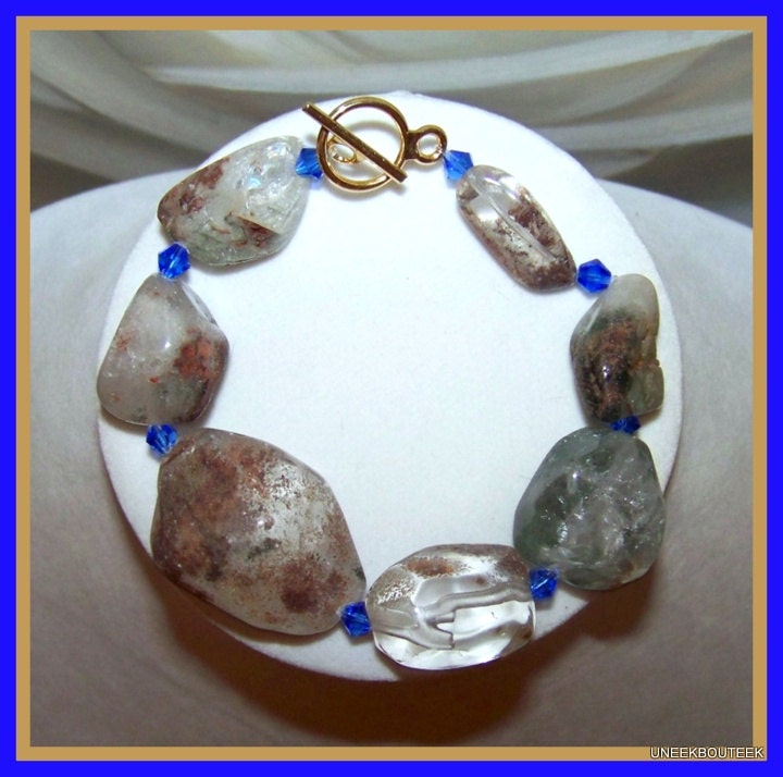Lodolite Gemstone Nugget "ICE QUEEN"  Bracelet- Beadwork - Gold Toggle Clasp -Sapphire Blue Crystal- Statement Bracelet - Matching Necklaces
