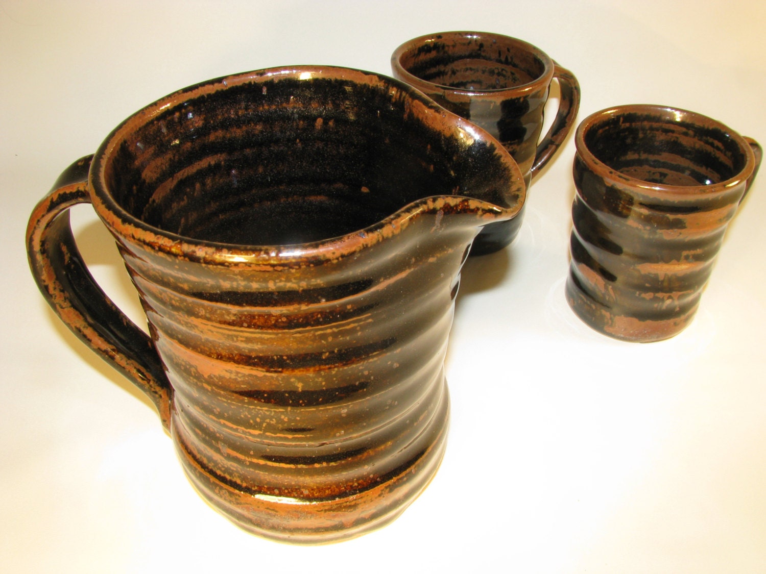 Tenmoku Brown Rust Pitcher Set with Two Matching Cups Mugs Ceramic Pottery