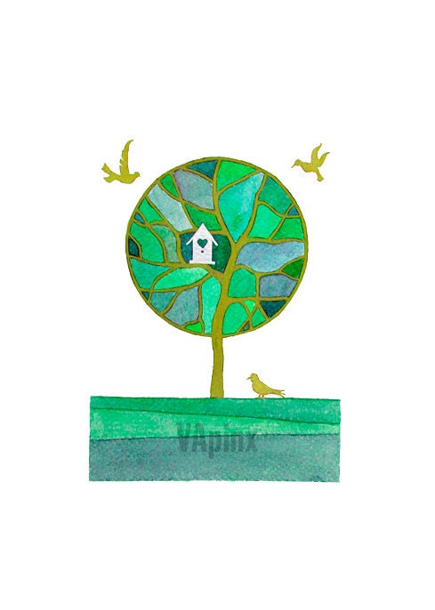 Print of original watercolor painting, green tree with birds and birdhouse - P1 (O8) A4, kids wall art, nursery decor, tree illustration