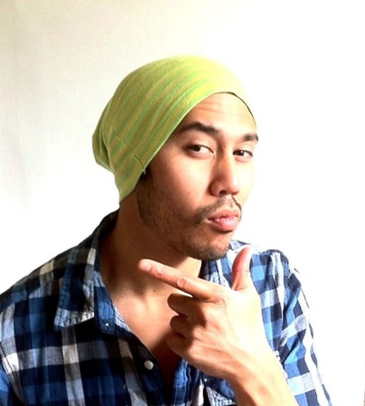 Mens Slouch Beanie, mat hat, dad gift - Jersey green, yellow Stripe - Hipster cap, guy gift, light weight summer,  up cycled, woman beanie