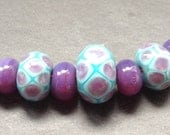 Turquoise & Pink Purple Dotty Lampwork Glass Bead Set