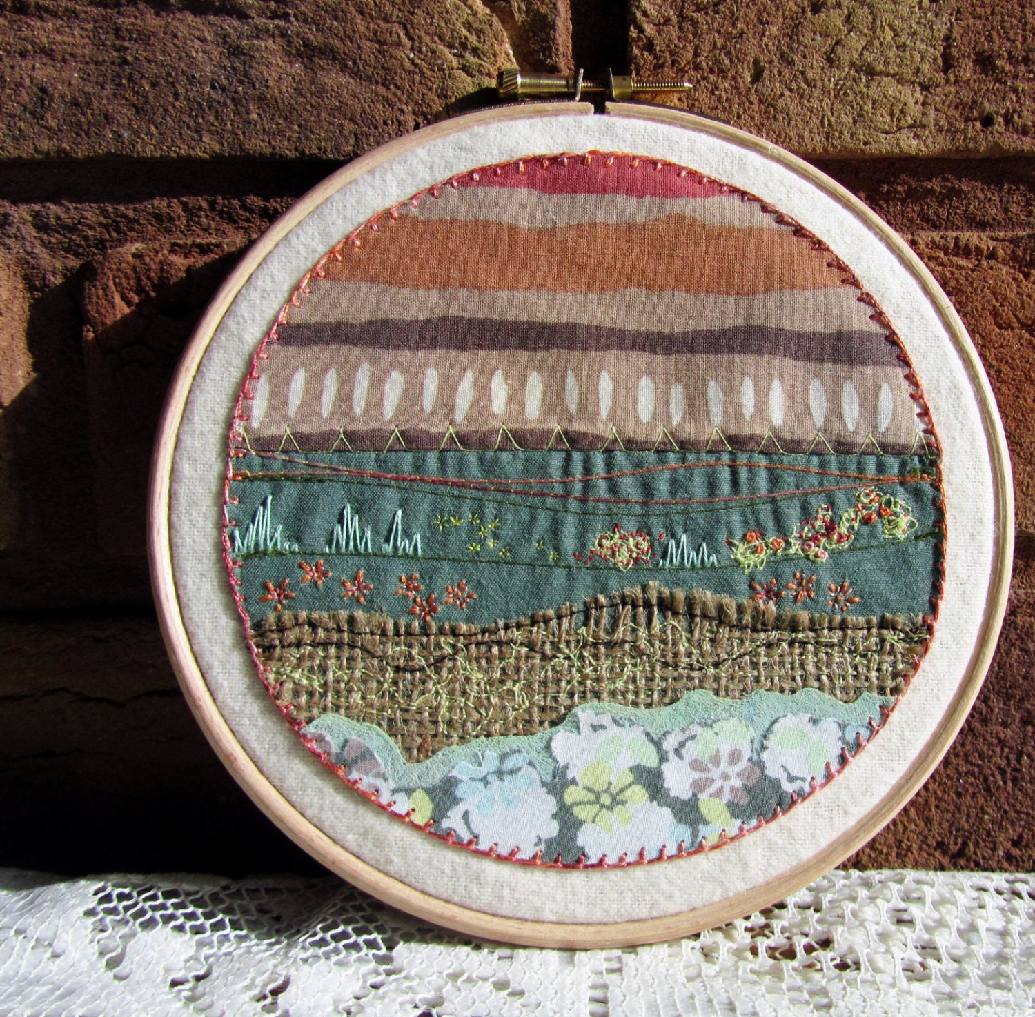 Outlook Number 1 - Ready to Hang Textile Art - Fibre Art Wall Hanging - Mixed Media Embroidered Hoop Art - Landscape