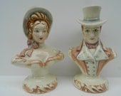 Vintage 1940s ceramic busts of a man and a woman in fancy 'Regency Period" garb