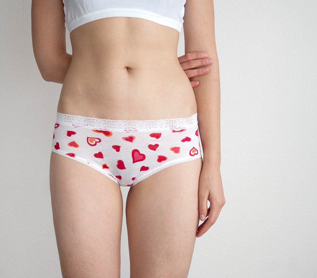 HEARTS. Red Hearts On White Printed Cotton Panties. White Lace Trim Lingerie