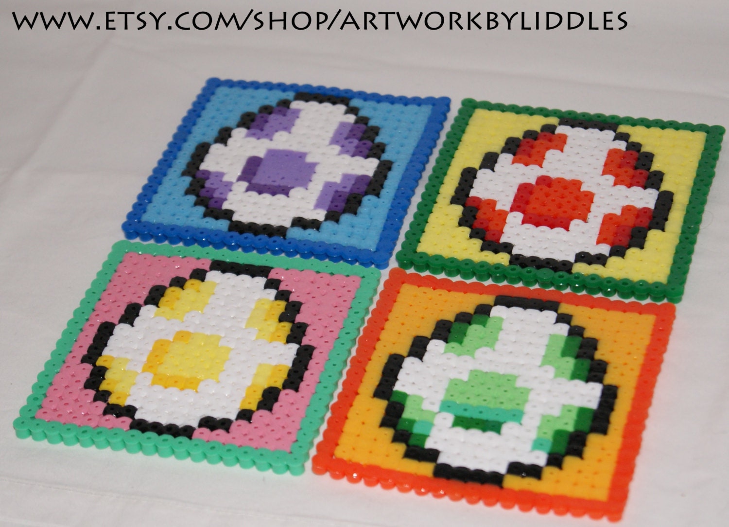4 x 8 bit yoshi egg Coasters hama perler beads sprites nintendo