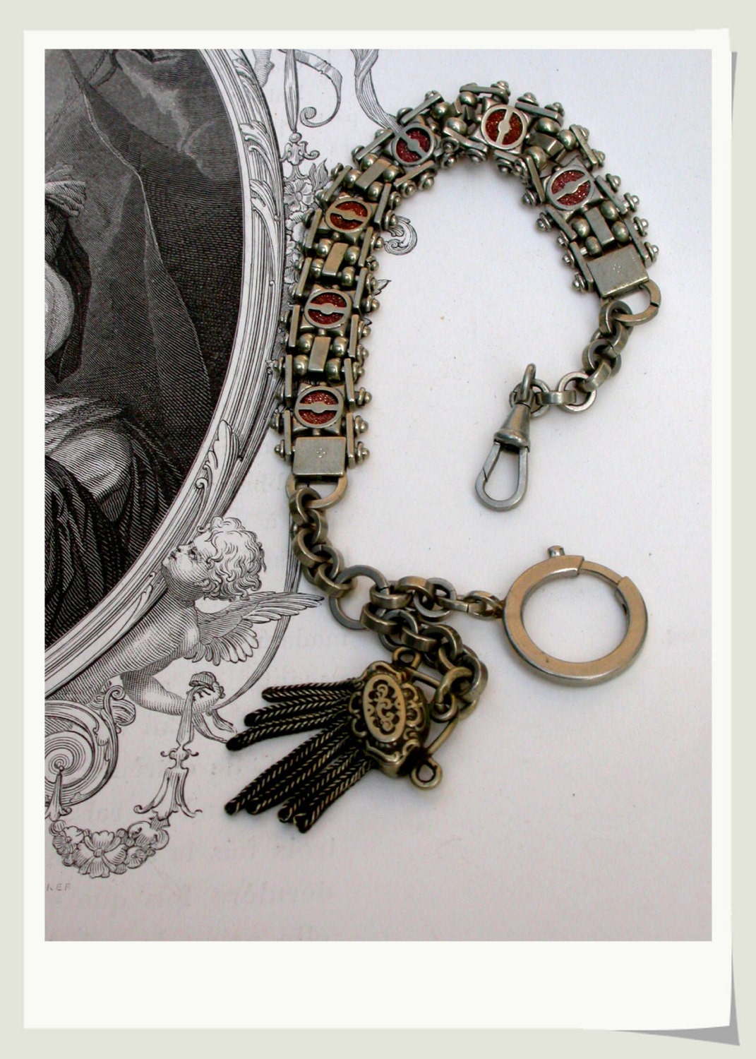 French antique pocket heavy bronze  watch silver chain  pocket watch chain engraved silver flower ornate hinged chain  sun stone pendant