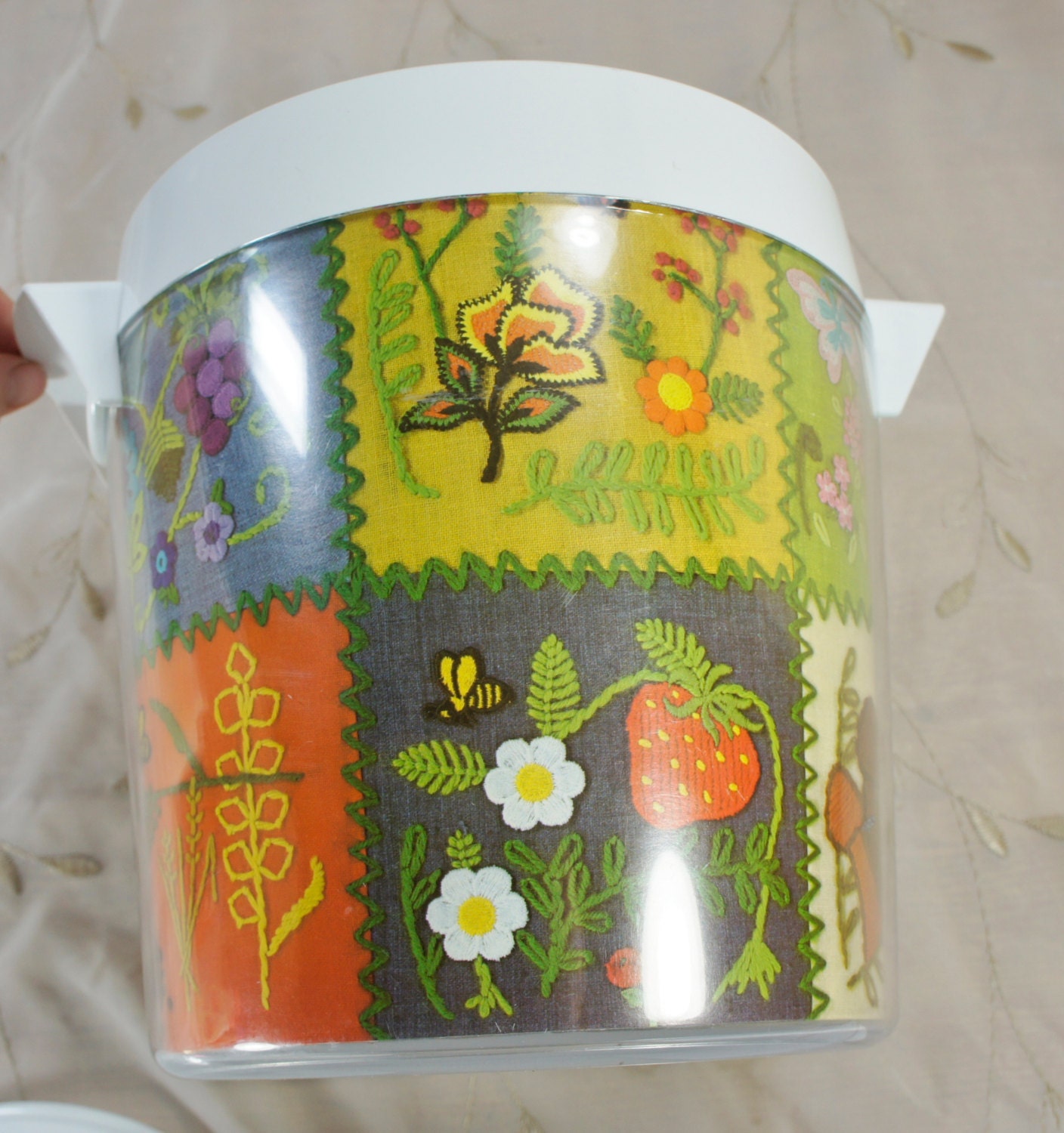 patchwork ice bucket embroidery crewel work print mushrooms flowers compost pail green orange thermo serve made in USA
