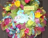 Bright Colored Whimsical Welcome Fish Summer Deco Mesh Wreath, Indoor/Outdoor Wreath