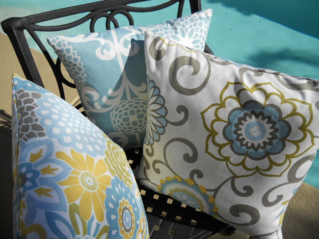 Modern Floral Print Pillow Covers Set of Three - One 20x20 and Two 18 x 18