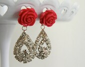 Red Rose and Diamante Rhinestone Teardrop Dangle Earrings, Glamorous, Mom Gift, Bridesmaids Gifts, Wedding Jewelry