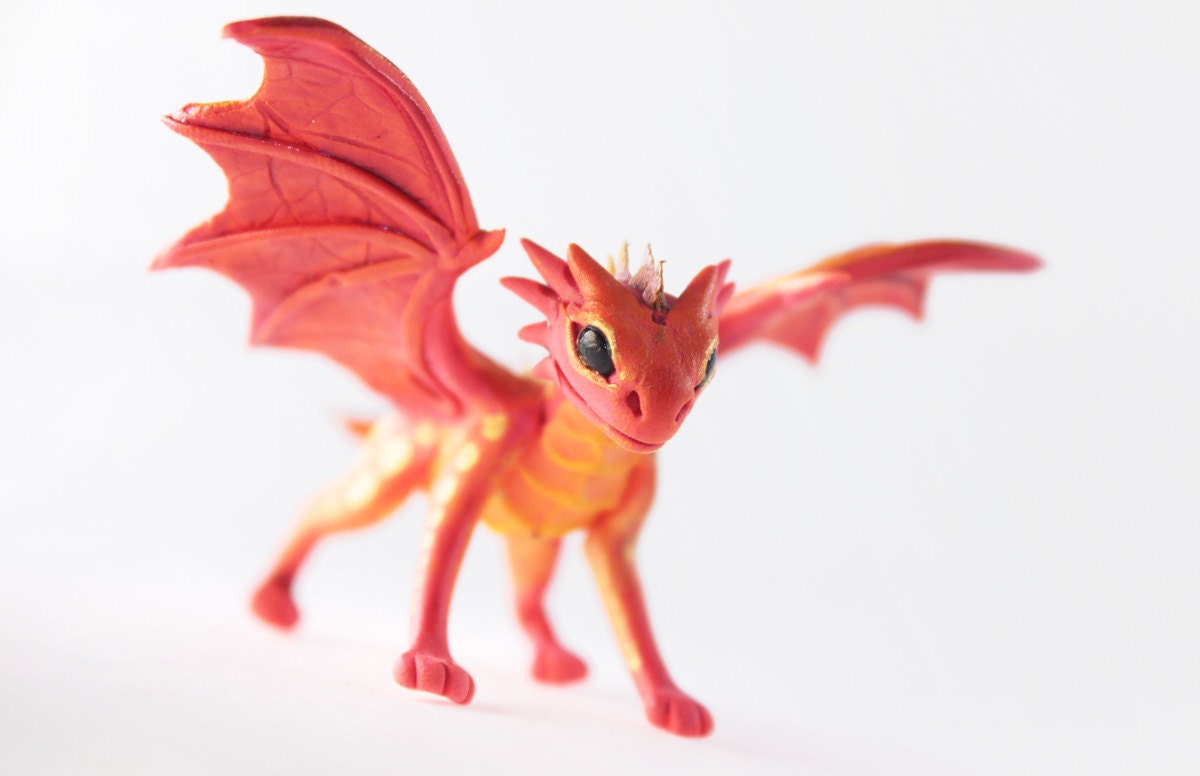 Little Dragon cute figurine red, fire, flame orange dragon, fantasy art sculpture handmade - magic gif