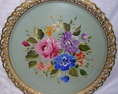 Aqua, Hand Painted, LaRGE VINTAGE Round TOLE TRAY, Filigree Edge..Hand Painted, Signed, Pink Roses, Flowers,Handmade,