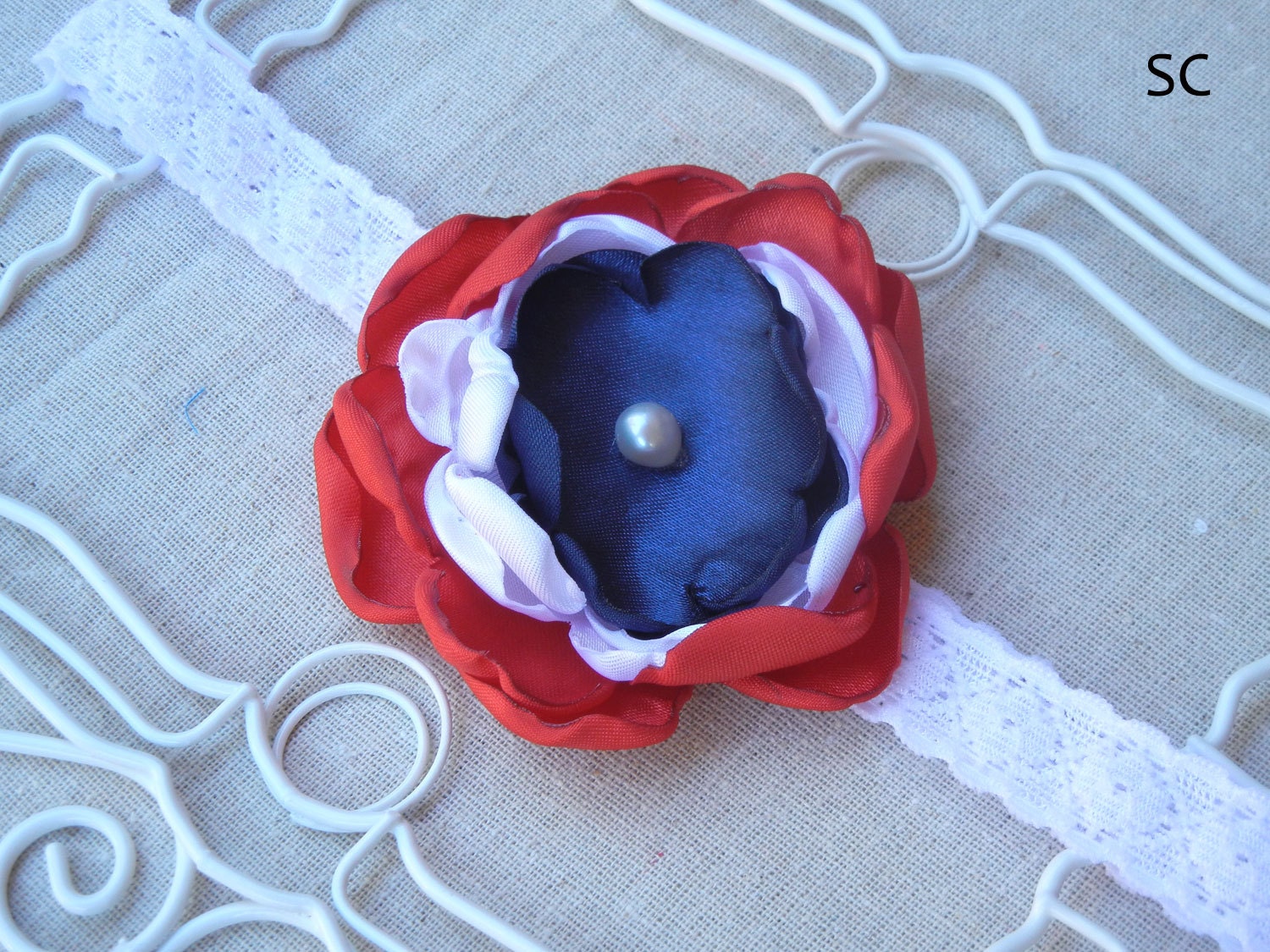 Patriotic Girls Lace Baby Headband Shabby Chic Red White Blue Satin Flower Handmade by Santeen Creations