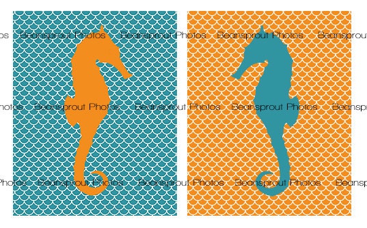 Turquoise & Orange Seahorse Wall Prints- 2 8x10 Prints -  ocean nursery, sea nursery, chesapeake, beach, seahorses