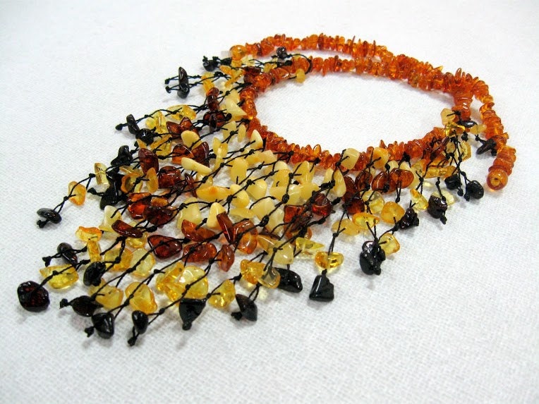 Brown Amber Fringe Necklace Rustic Cascade Multicoloured Bib Necklace Genuine Baltic Amber Organic Handknotted Lightweight