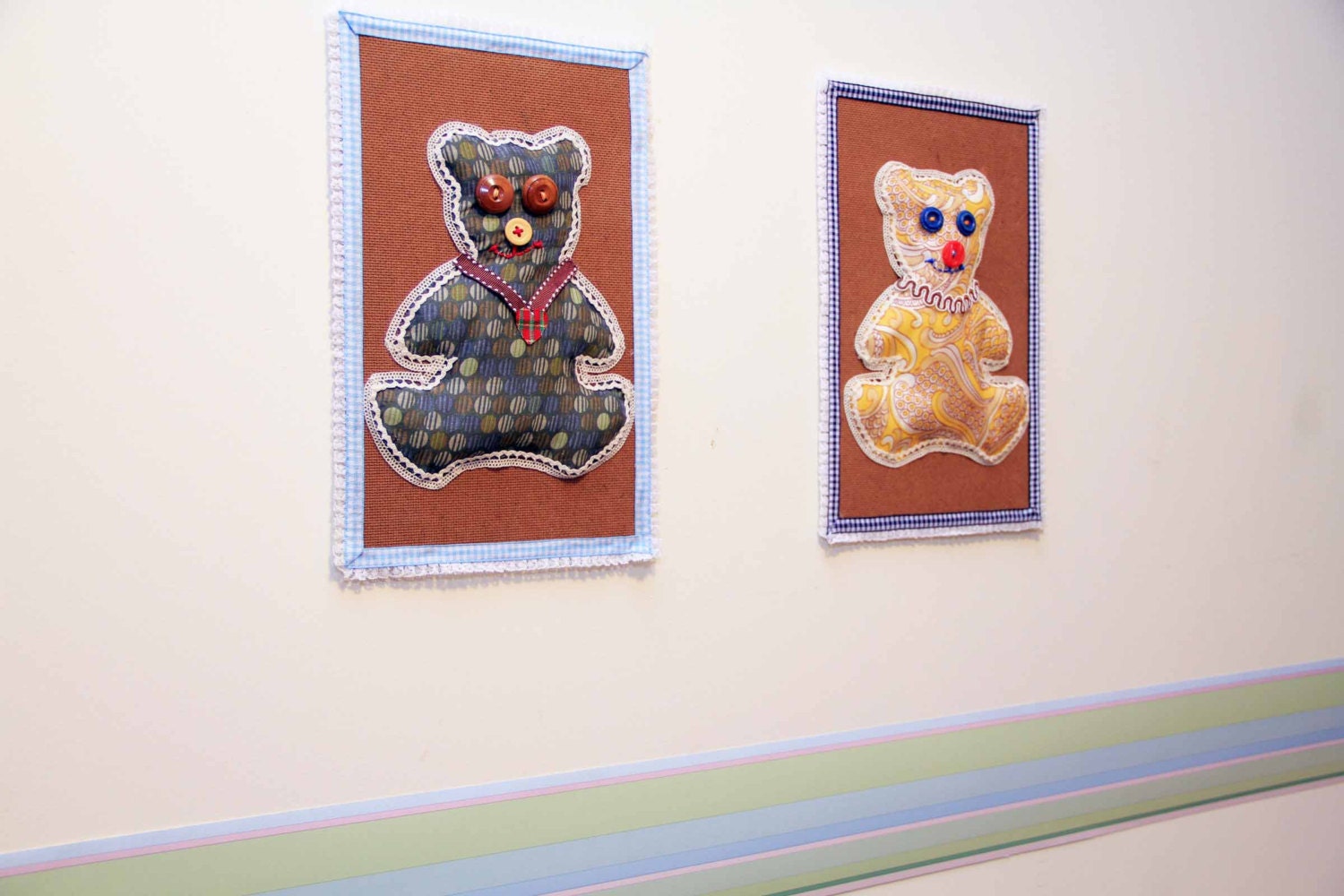 Teddy bear- Fabric kids art - wall hanging textile handmade embroidery stuffed 3D decor for children / new born nursery - vintage style