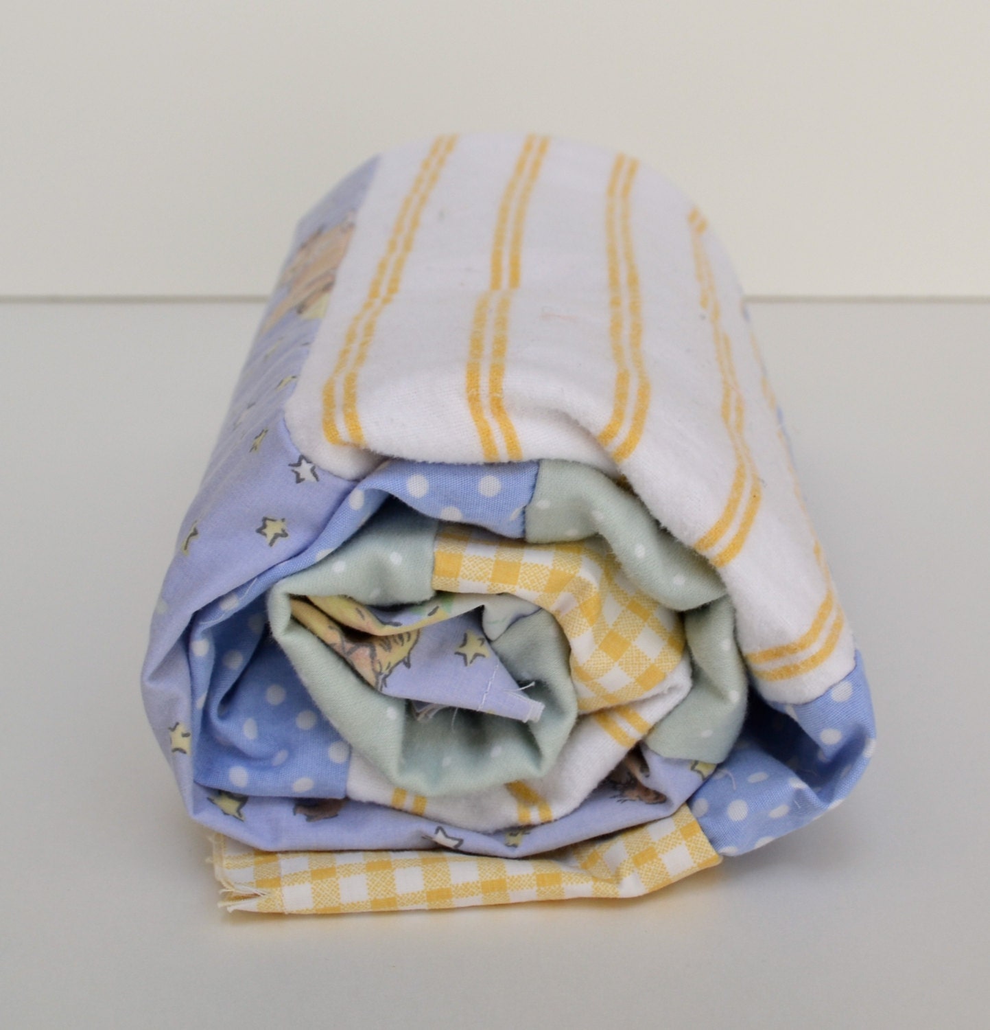 Cotton rag quilt, flannel, stripes, periwinkle blue, yellow, light green, Hey Diddle Diddle, gingham, polka dot fabric