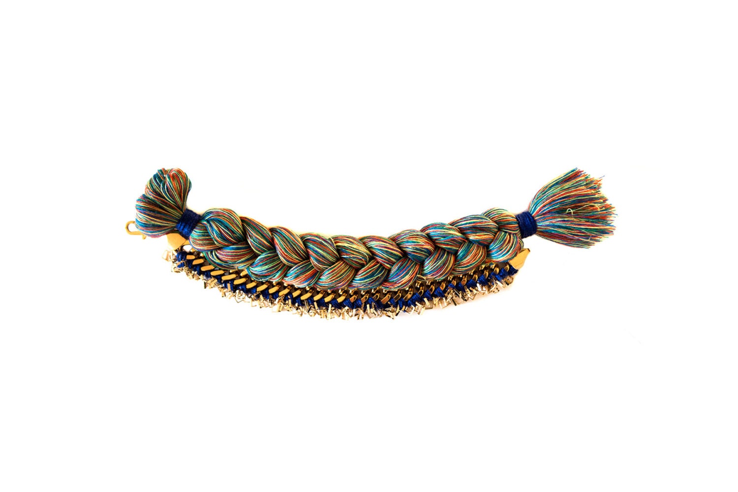 18k Gold Filled Charm Bracelet "Persia", woven with massive multi colored cotton braid