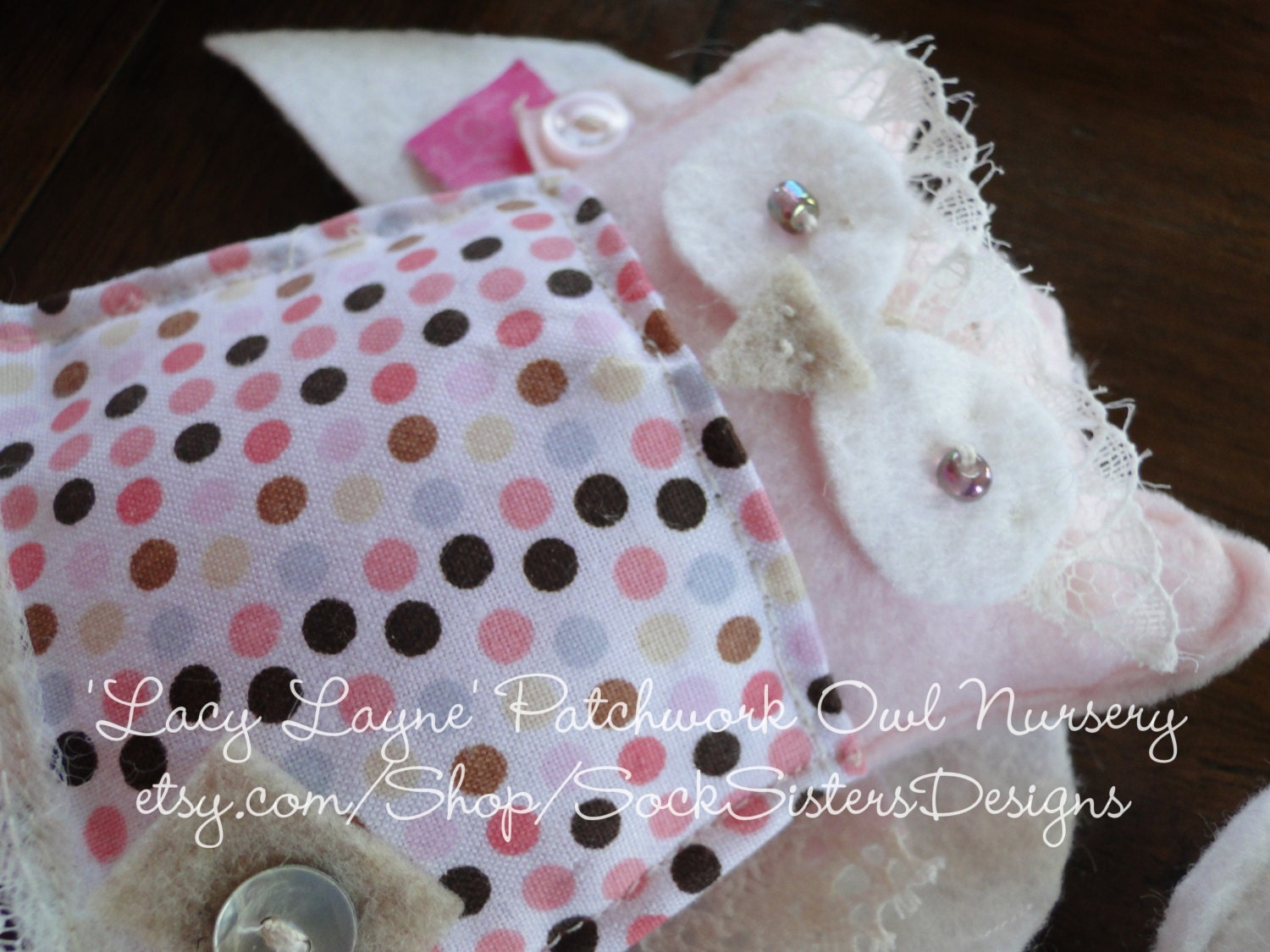 The 'Lacy Layne' Patchwork Owl Nursery Mobile - hand made with lace, buttons and bows...by Sock Sisters