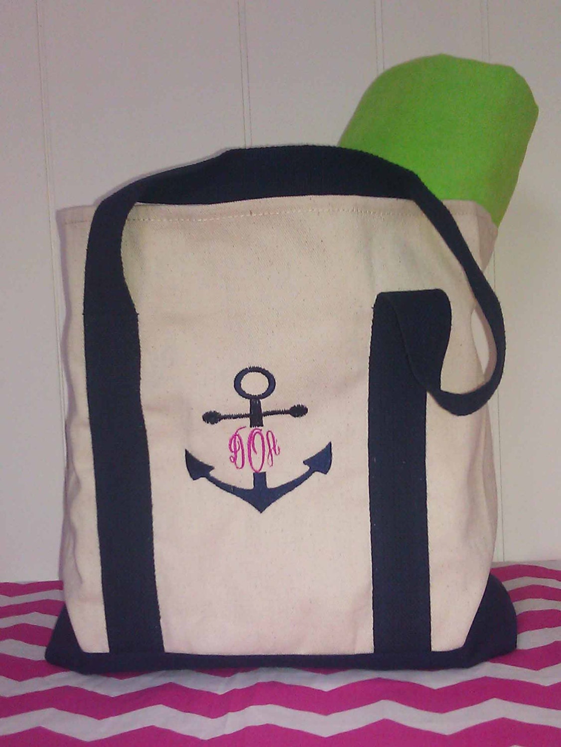 MONOGRAMMED BOAT tote with  anchor Personalized  tote with  3 initials OR Greek letters included on bag