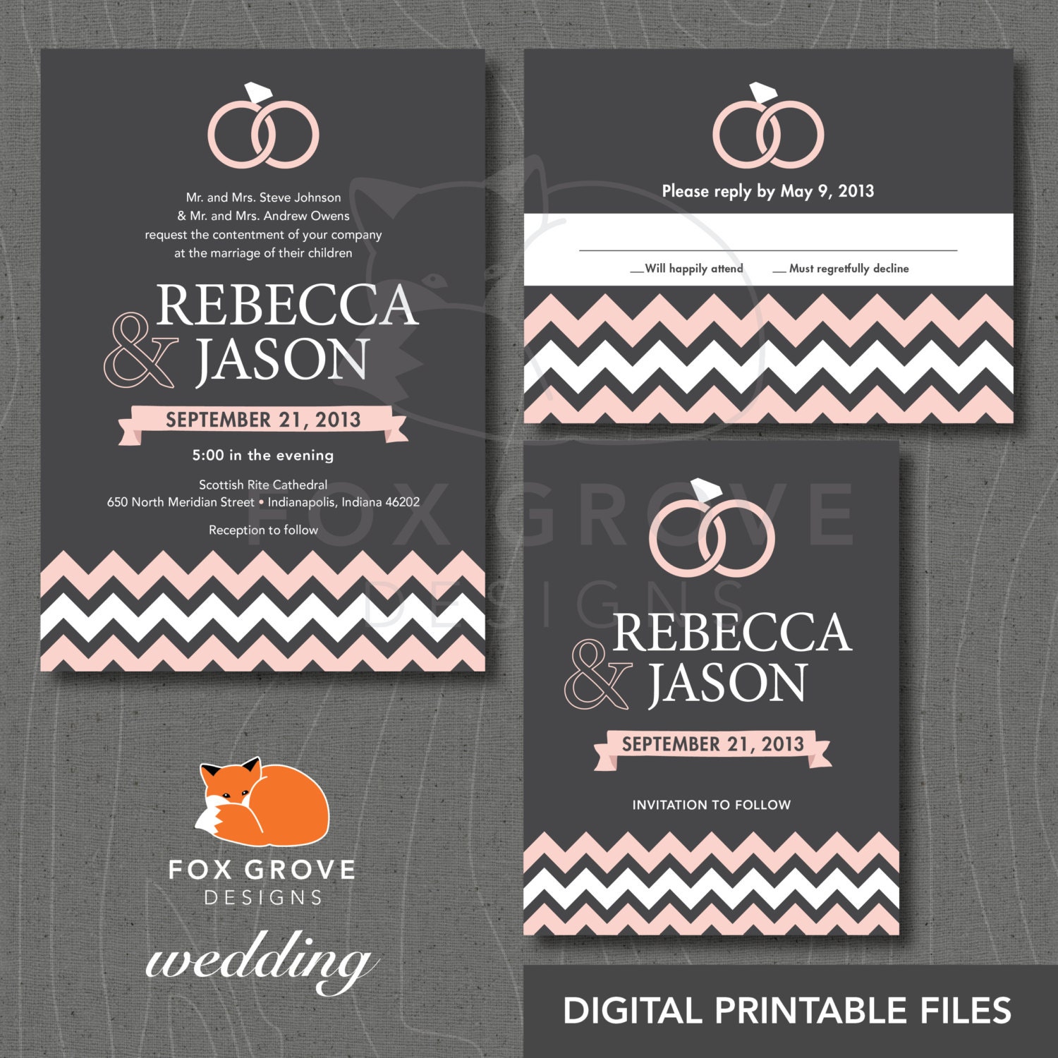 Wedding Trio: Invitation, Reply Card and Save-the-Date "Rings" / Customizable, Printable Digital Files / Printing Available in U.S.