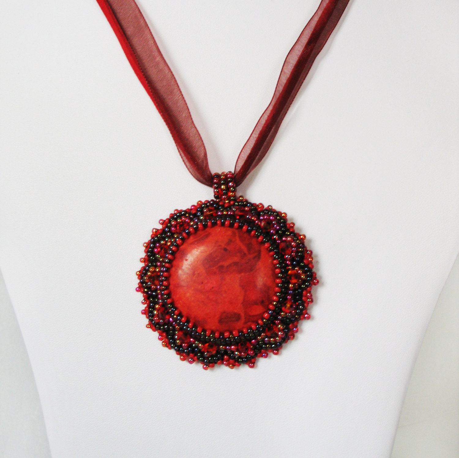 Beadwork necklace Bead embroidery  pendant Beaded jewerly  Red Coral .OOAK