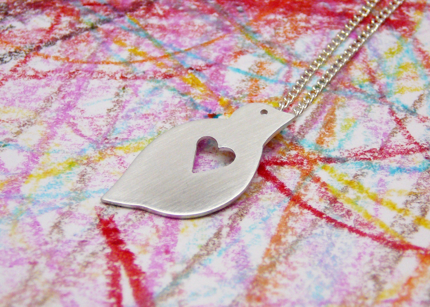 Silver Bird pendant with heart,gift under 35, woodland style, hand cut, sterling silver, crub chain, ready to ship