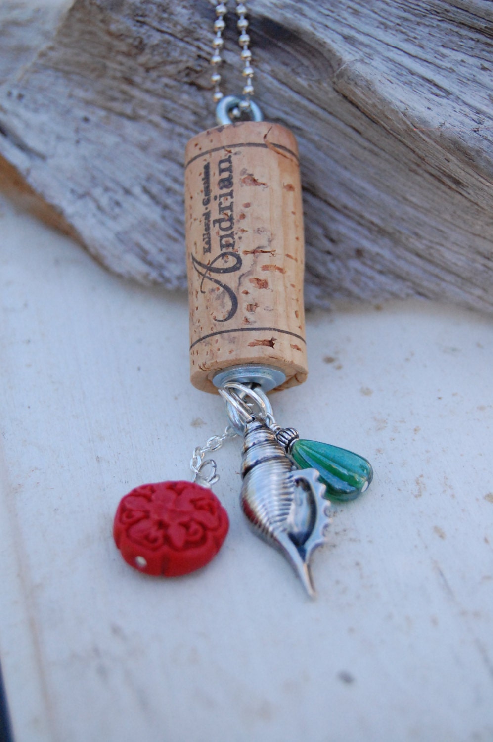 FREE SHIPPING  Wine Cork Necklace - Repurposed Wine Cork with Beads, Beach, Shell, Red, Turquoise