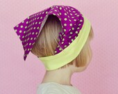 Girl bandana headband sun protection kerchief summer accessory with flower brooch snap clip polka dots purple lime