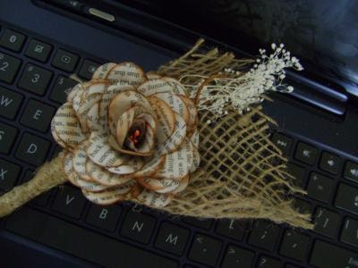 Rustic paper book flower & burlap wedding corsage
