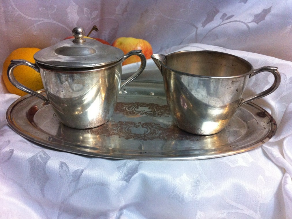 SALE 1950s Sugar & Creamer Silver on Copper Service Set