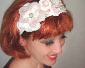 Bridal Wedding Hair Accessory Headband Hair Piece with White Lace, Handmade Flowers Jewel Pearl Beads Accent