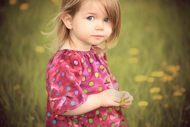 Girls top. Girls hippie, boho peasant top in deep grape (purple) tie dye with candy colored dots. Handmade, 100% cotton. Size 2T.