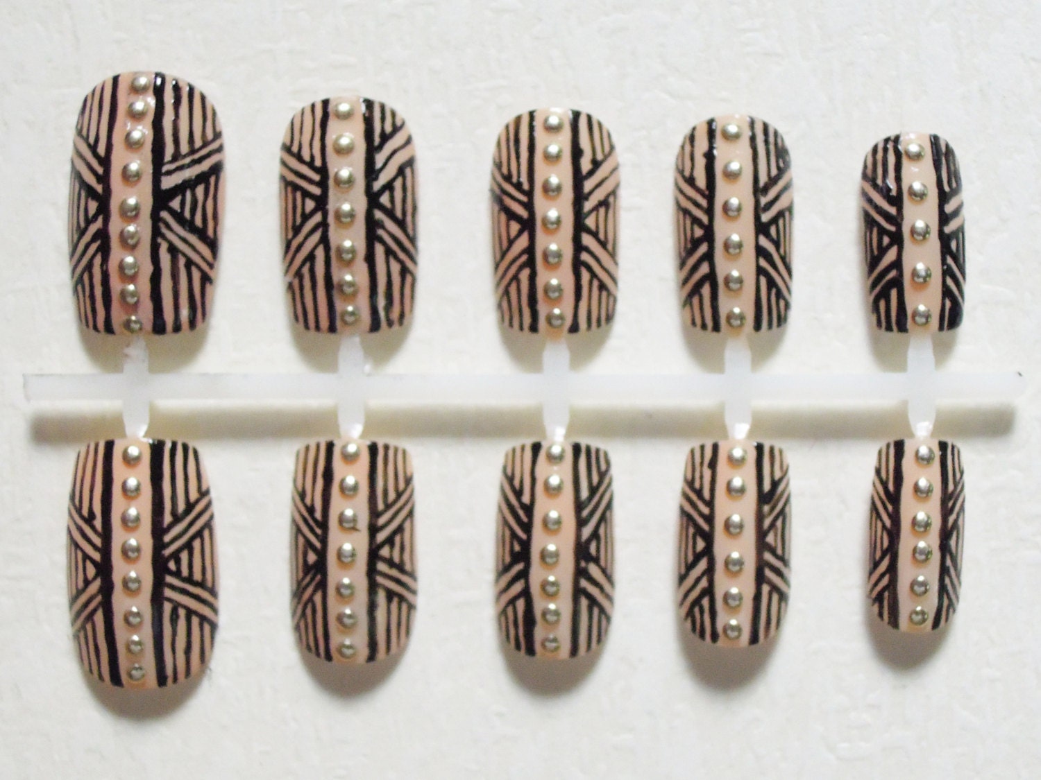Nude, High Fashion, Aztec / Tribal Print Fake Nails with Gold Studs Nail Set
