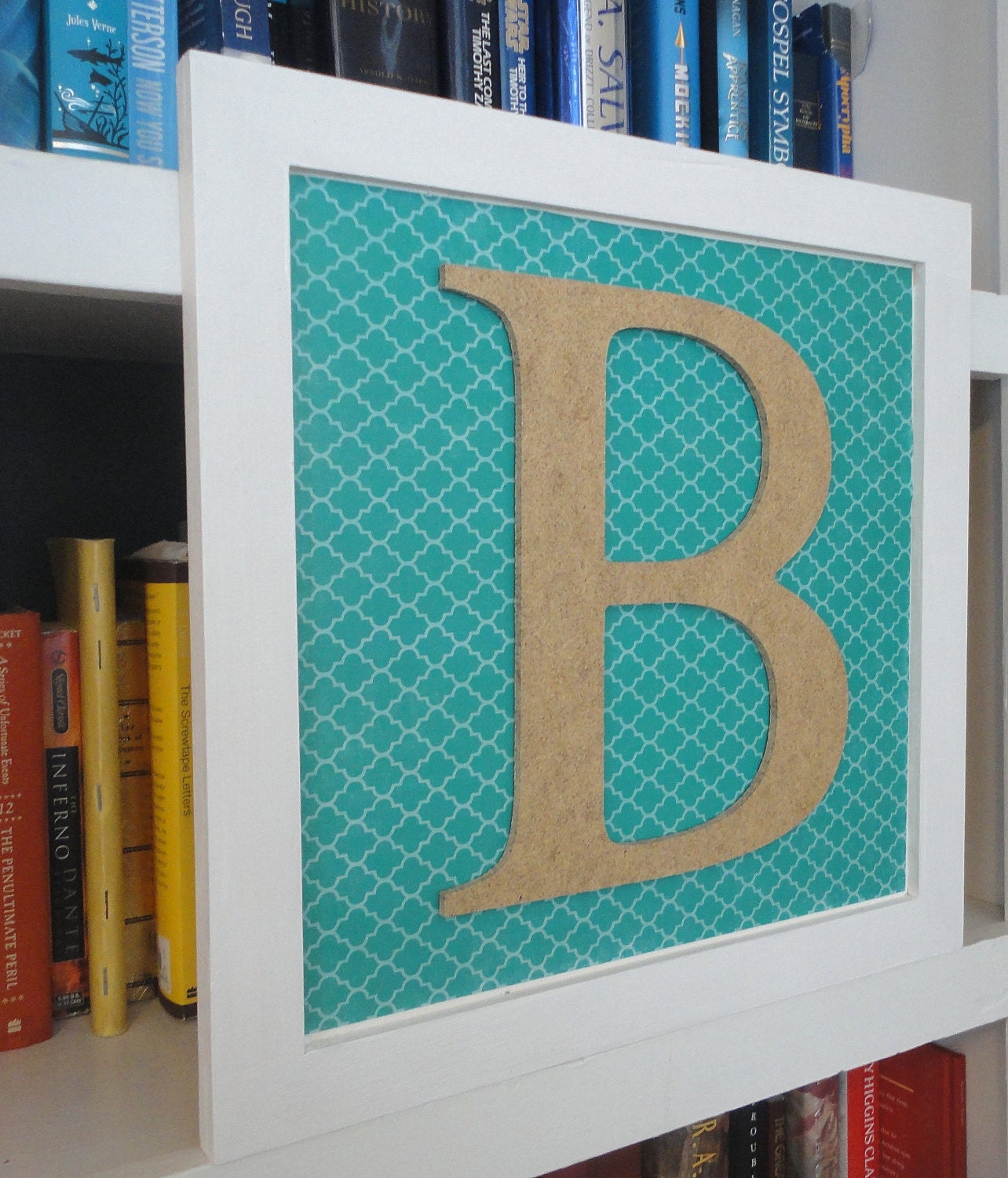 12 X 12 Monogram White Frame with Blue Decorative Paper Background - Letter B