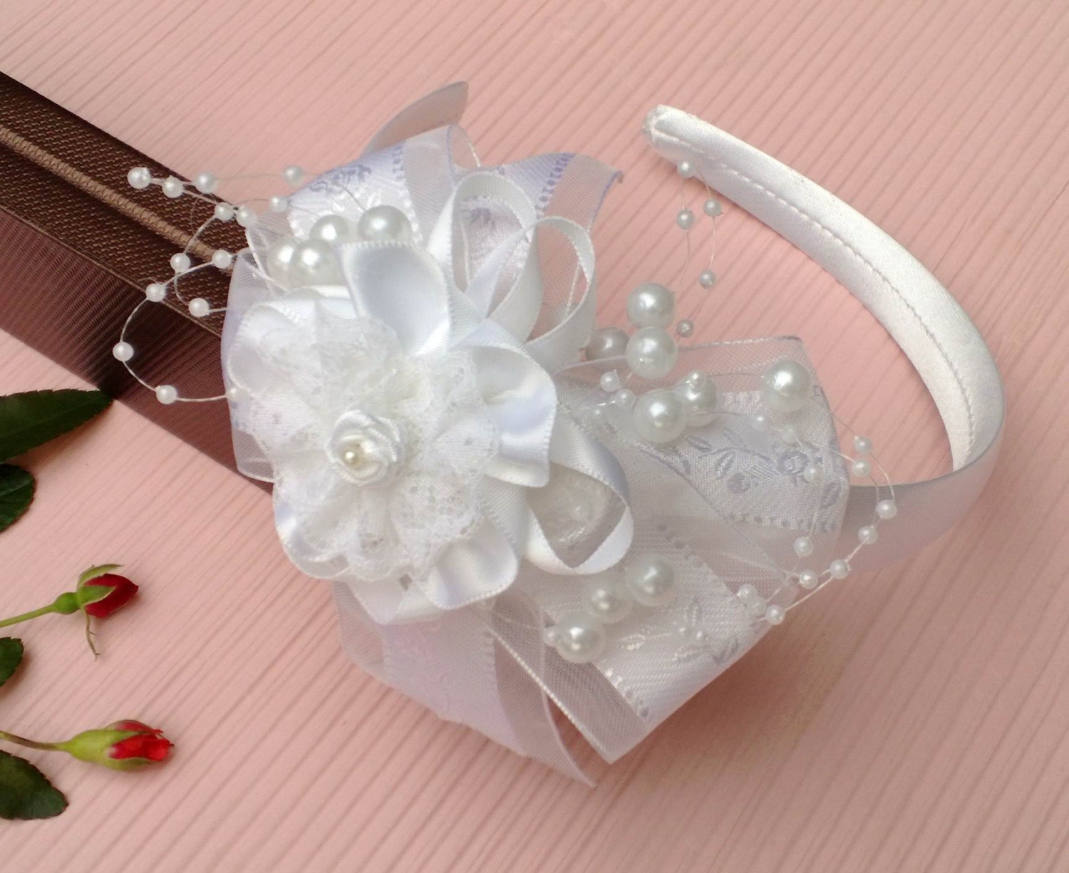 White Butterfly Flower Girl Headband,Handmade Lace Bow & Pearls Hair Accessories,Flower Girl-Bridesmaid-Wedding-First Communion-Special Days