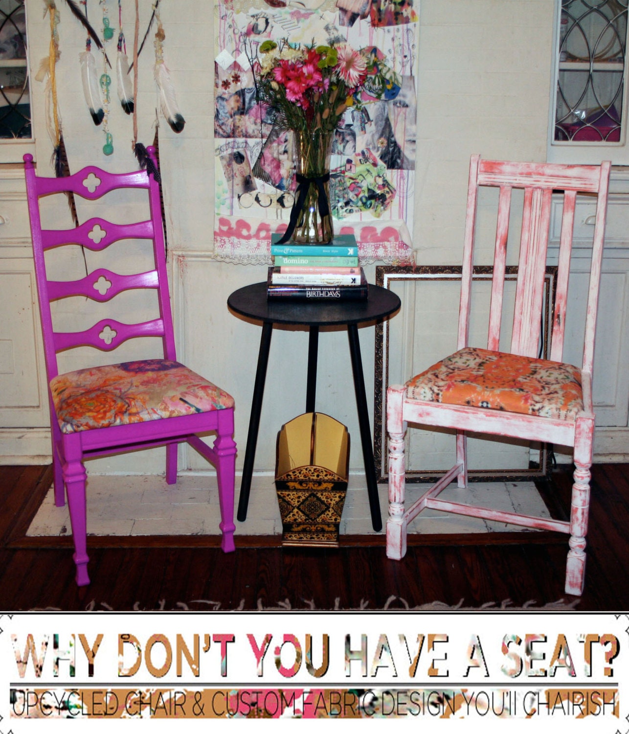 FREE SHIPPING, Handmade, Vintage Cottage Seat, Upcycled Coral Peach Shabby Chic, Wooden CHAIR Reupholstered W Modern Pattern Fabric