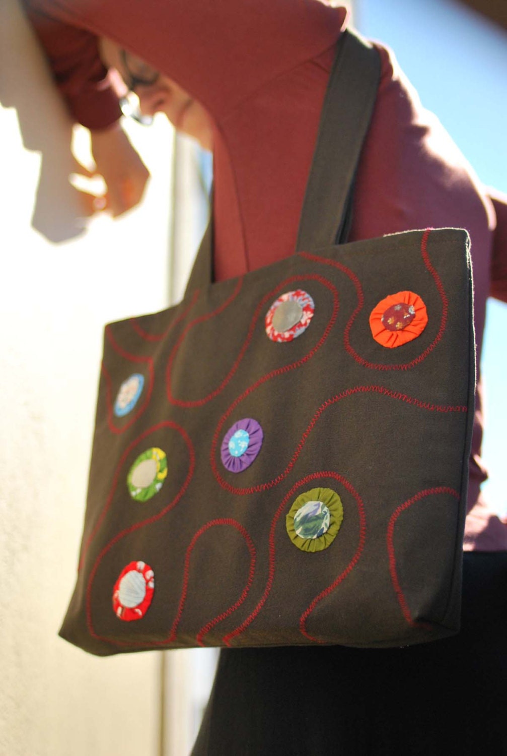 Brown Fabric Tote Bag with yoyo flowers by Bzoing