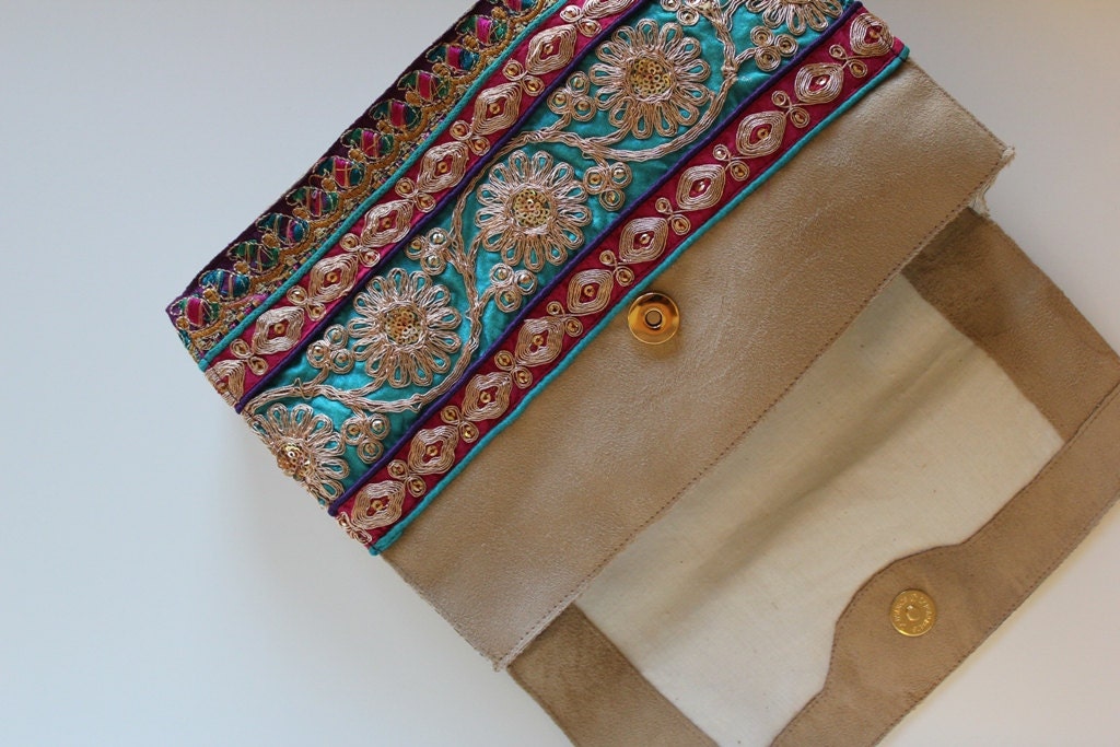RAW FIJI - Suede Clutch - FREE Shipping, Handmade Overlap Clutch, Bag, Purse, Fashion, Boho, Neutral, Trimmings, Fuchsia, Ethnic