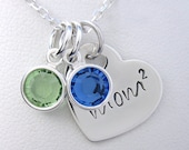 MOM POWER Handstamped Heart Pendant with Birthstones - Mother's Day Special - Personalized Mom Handstamped Jewelry